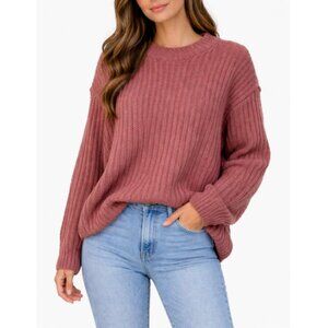 SO Women's Dusty Rose Ribbed Cable Knit Crew Neck Sweater Size M